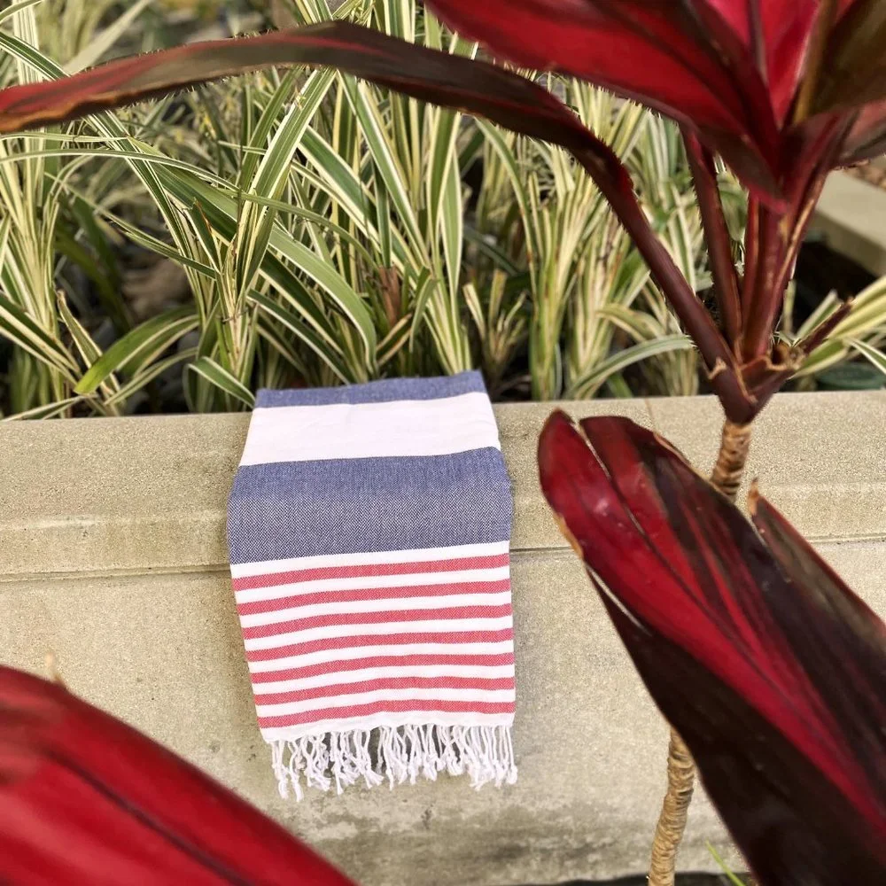 Striped Blue and Red Cotton Bath Towel with Fringe